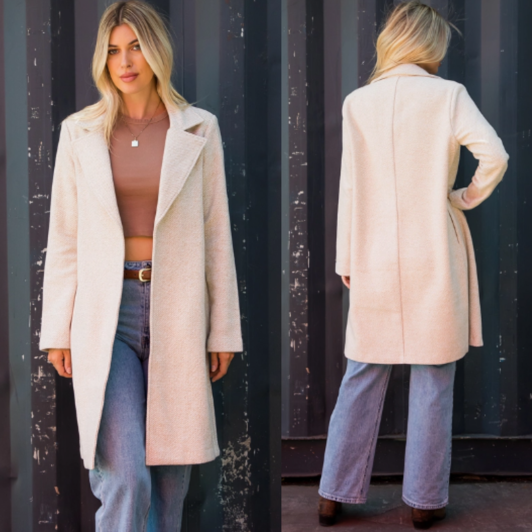 Herringbone Wool Blend Open Front Coat Stilla Salon Spa Boutique